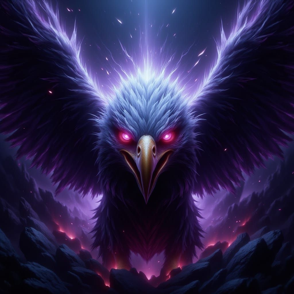 Majestic Bald Eagle with Glowing Red Eyes in Painterly Style