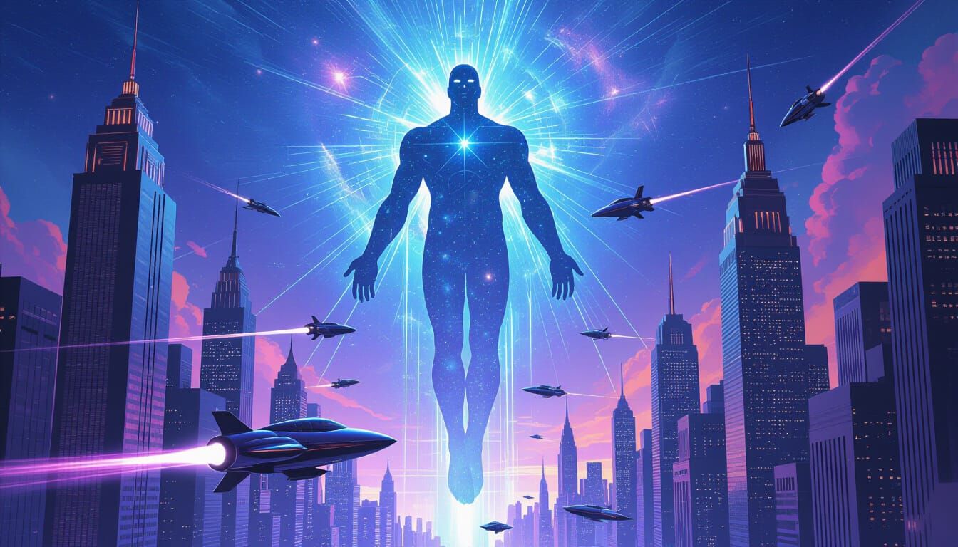 Celestial Being Descends on Retro-Futuristic City