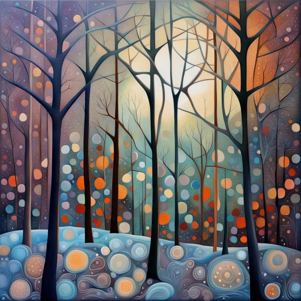 painting, magical forest with trees made of random patterns,...