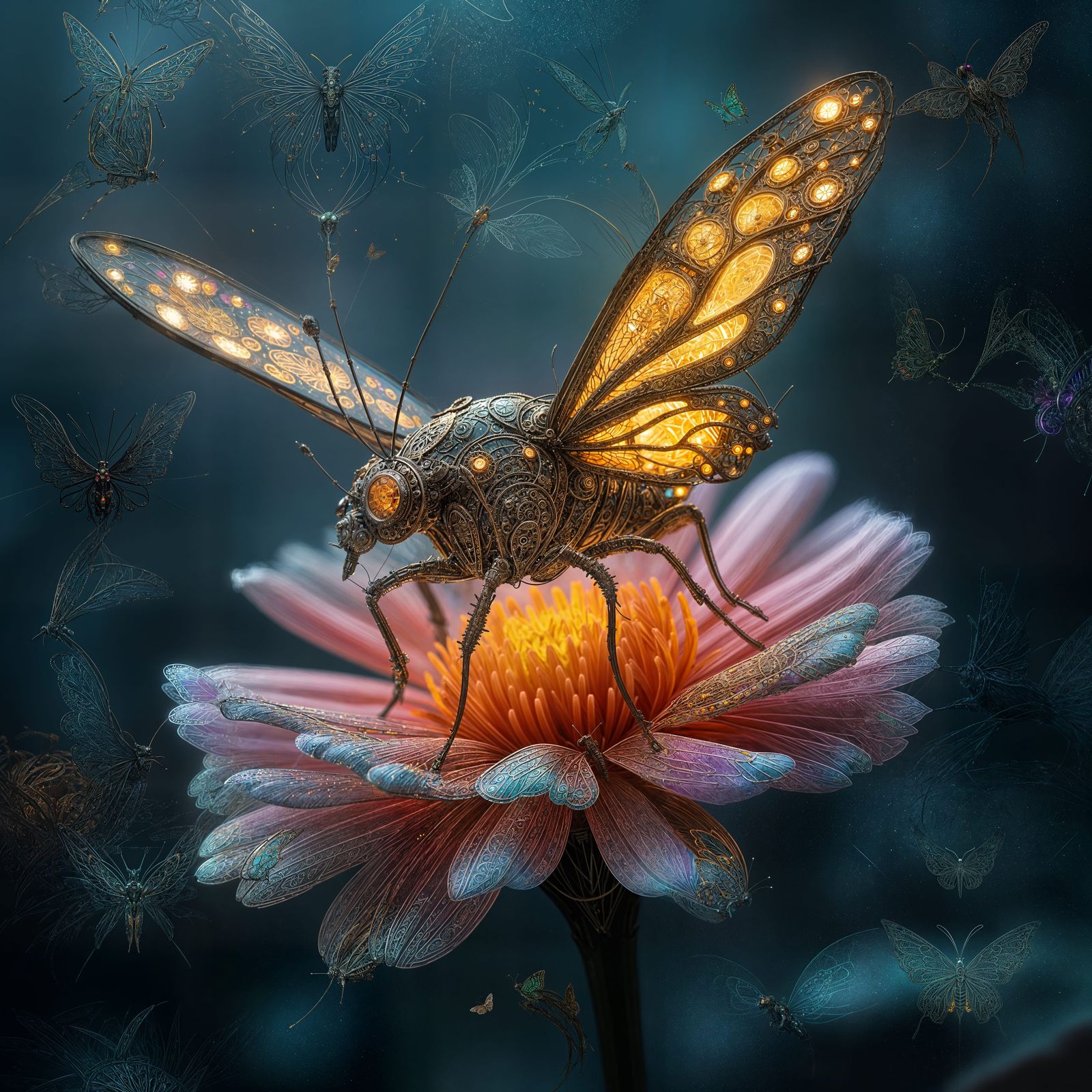 Steampunk Butterfly with Glowing Wings in Neon Garden