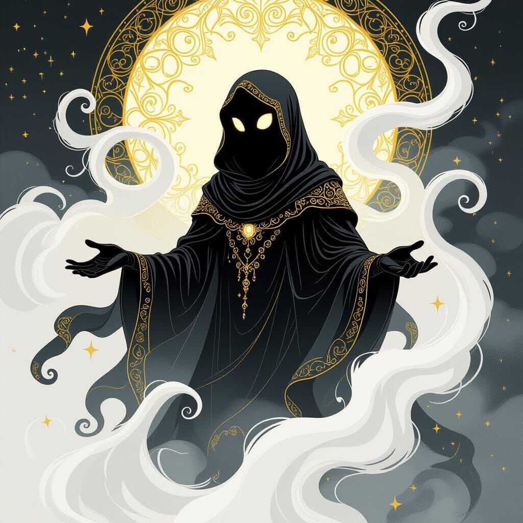Ethereal Ghost in Black and Gold, Hand-Drawn Style