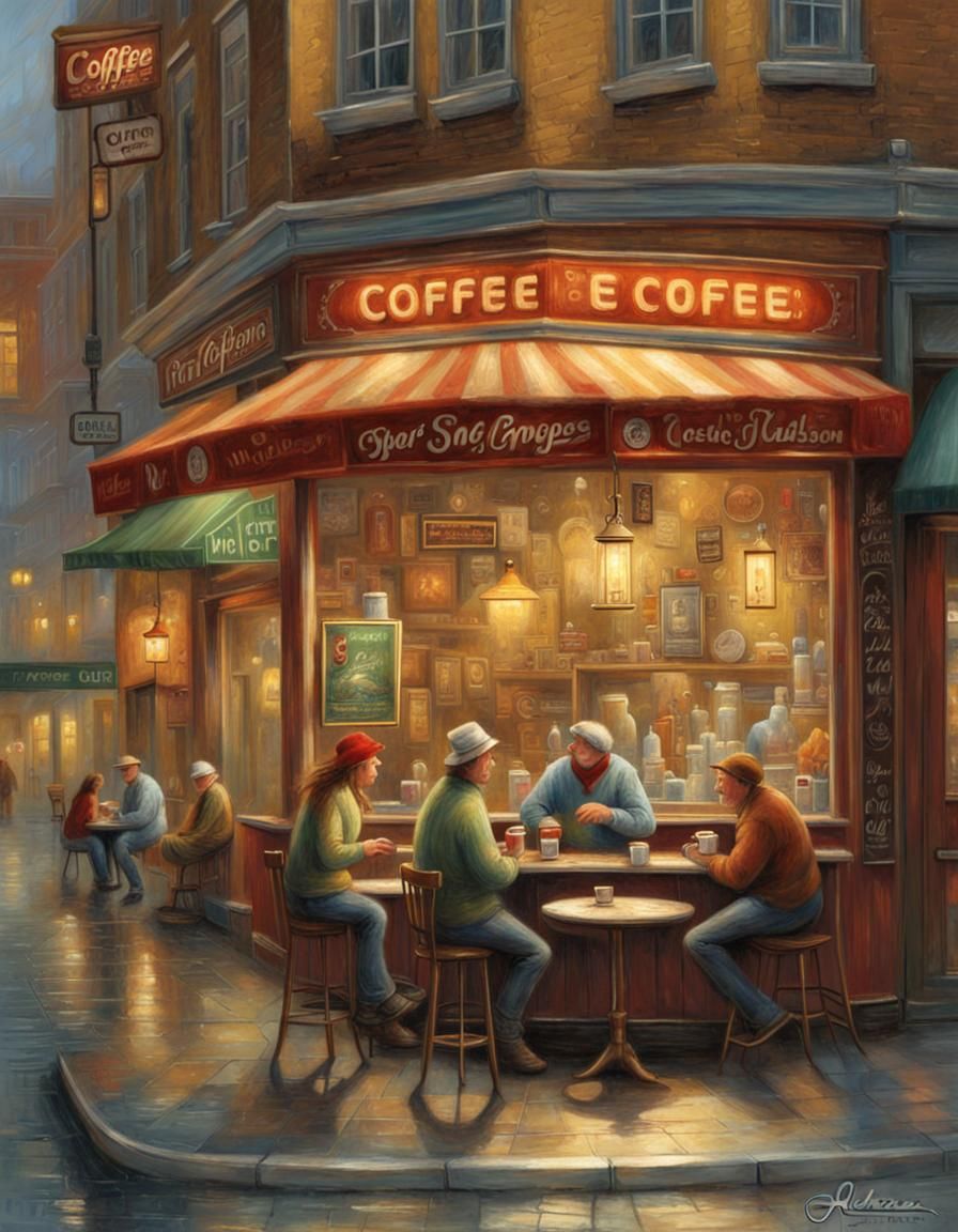 Cozy Coffee Shop Scene in Folk Art Style