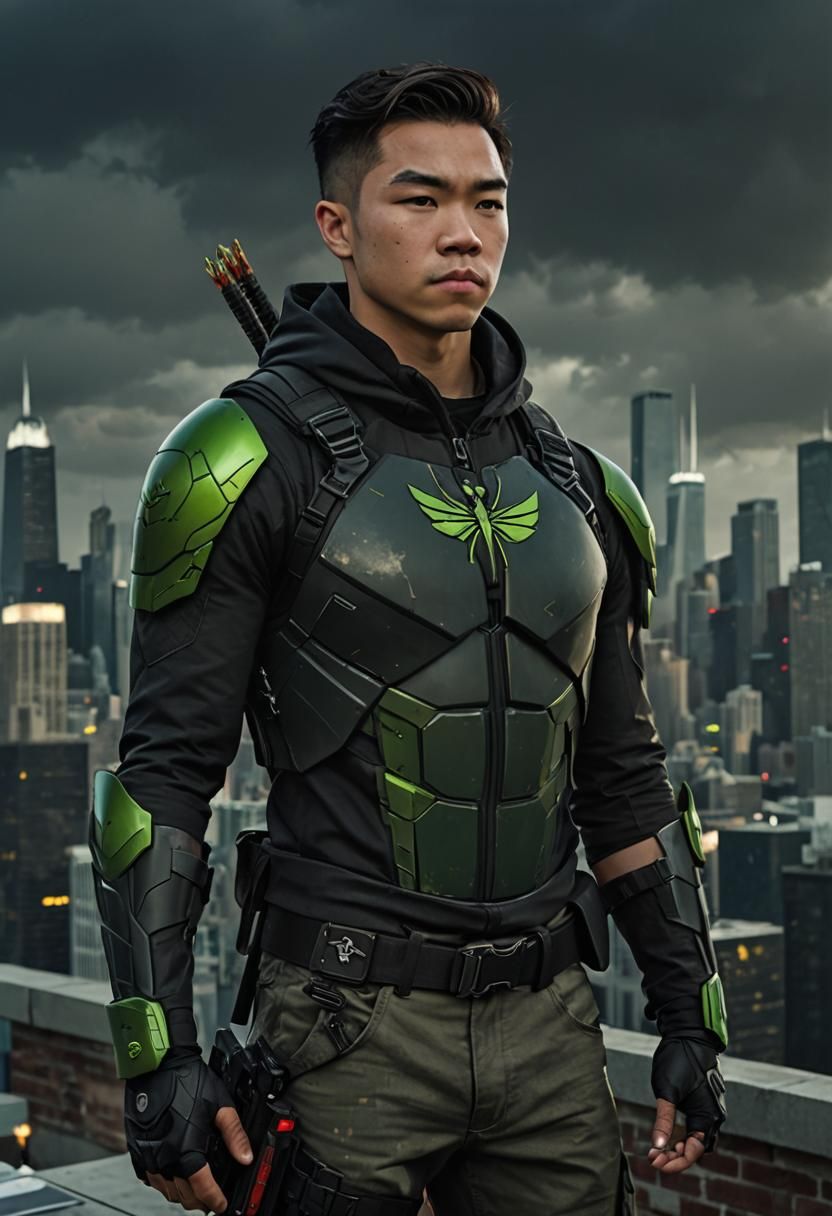 Superhero Dragonfly on Chicago Rooftop in Comic Book Style