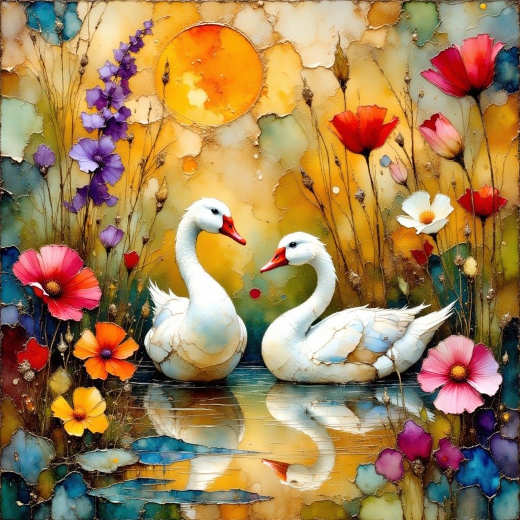 Abstract Geese in Golden Pond: Vibrant Collage
