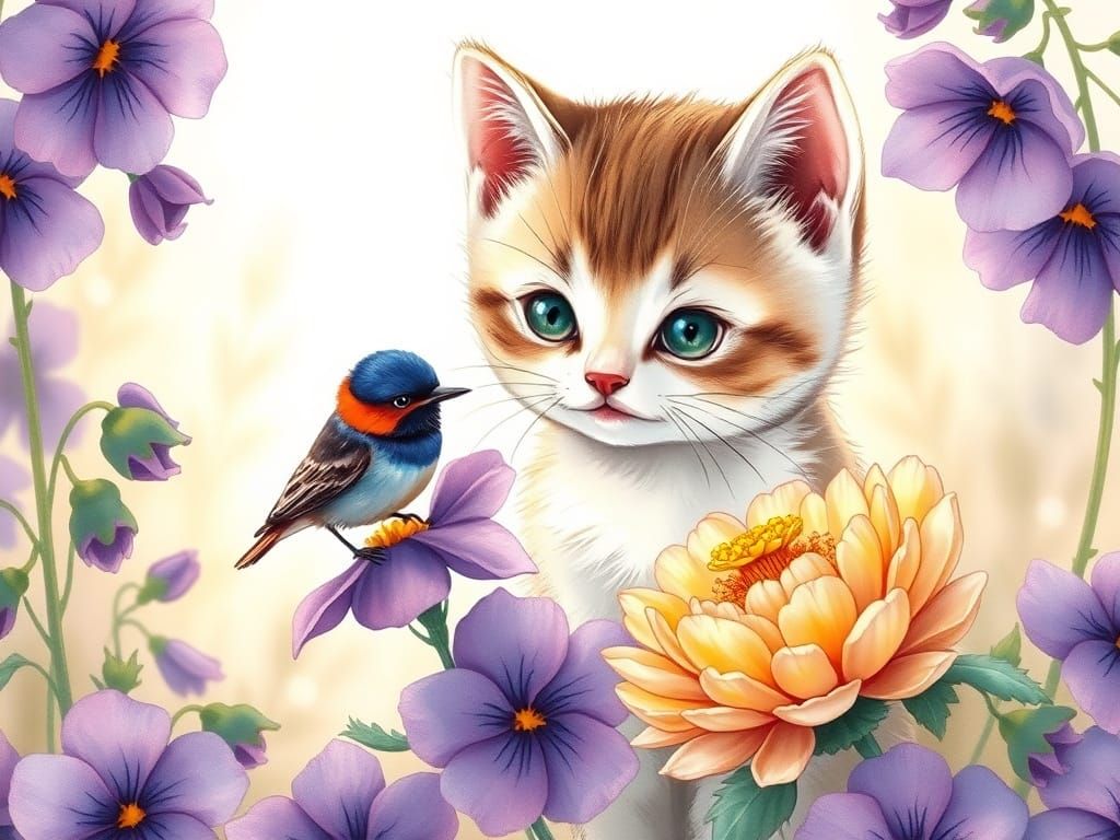 Kitten Watching Bird Among Purple Flowers, Fairytale Illustr...