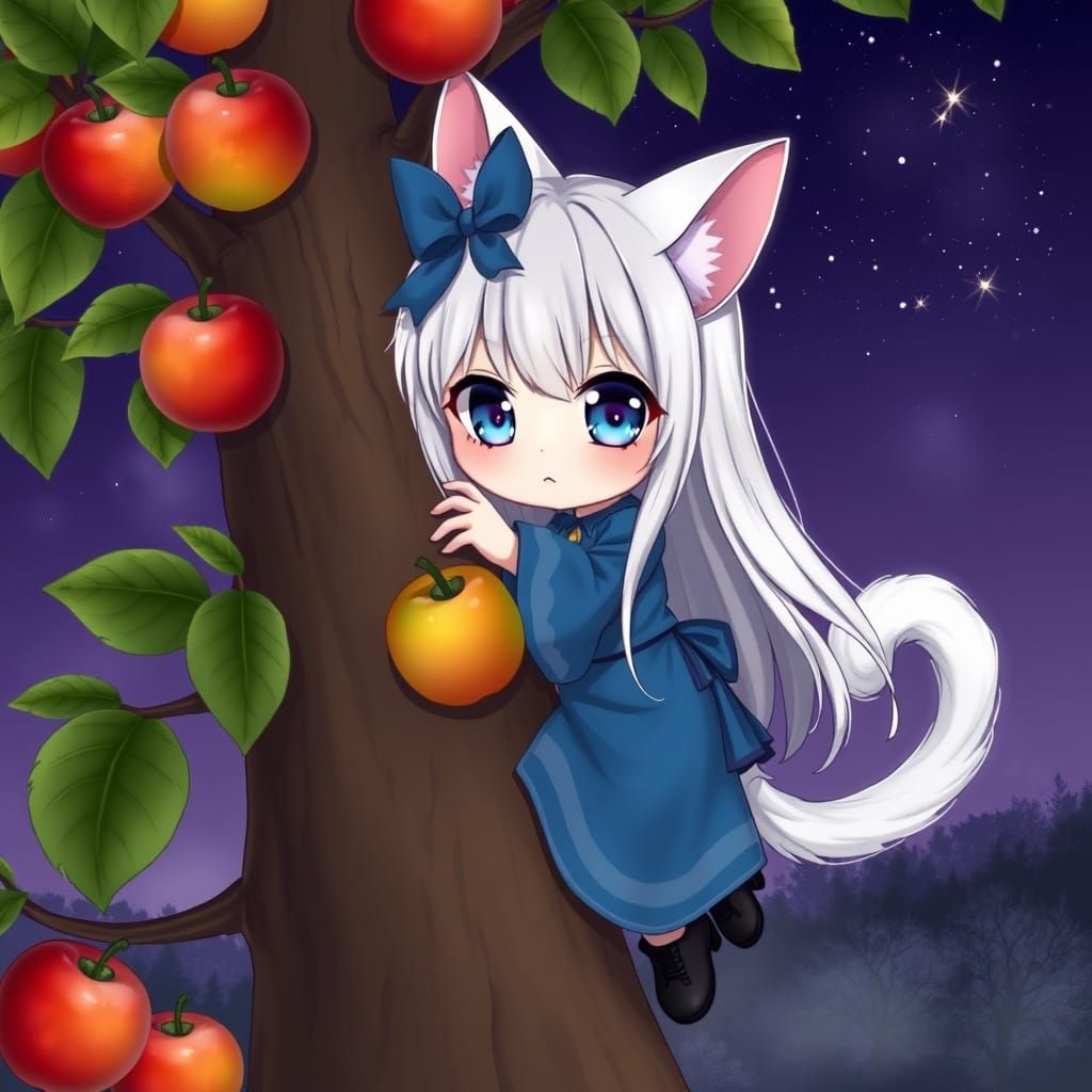 Anime Catgirl Climbs Apple Tree Under Night Sky