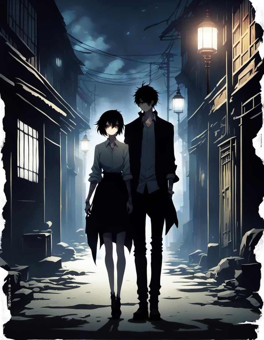 Tattooed Couple in Misty Alley, Anime-Inspired Art