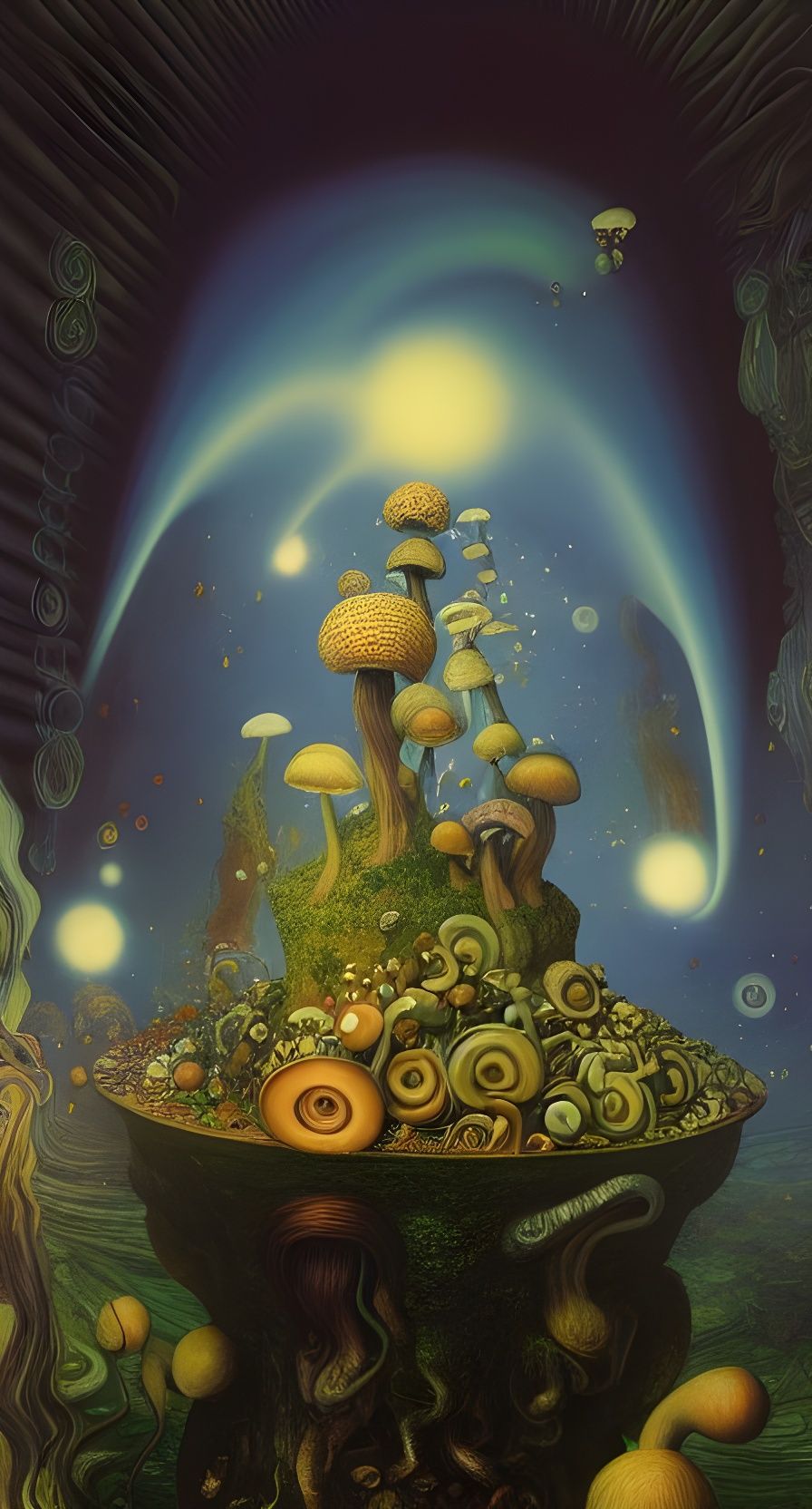 Surreal Galaxy Dreamscape with Maize Mushrooms