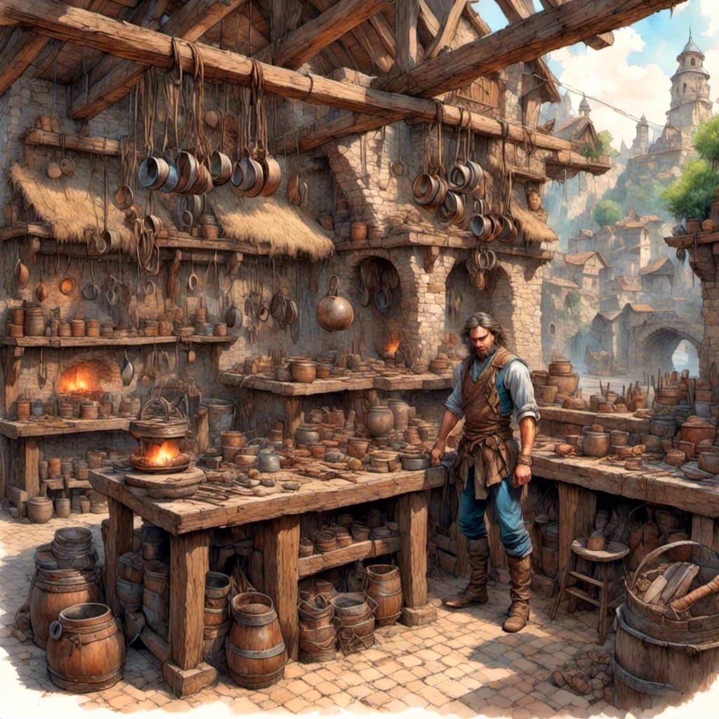 Blacksmith Forging Horseshoes in Fantasy City Workshop