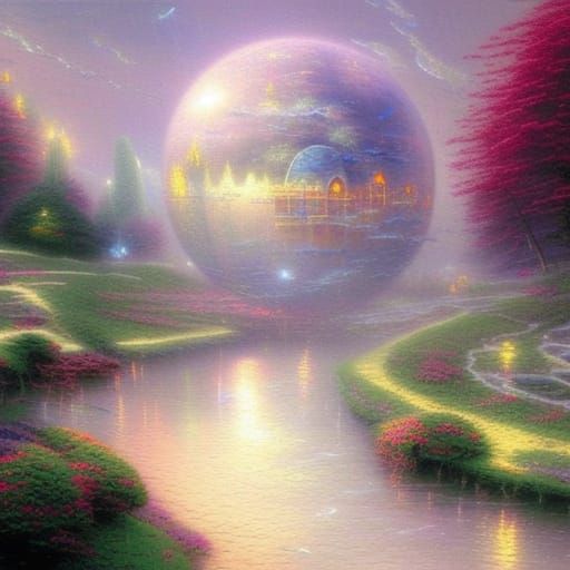 Ethereal Globe in Fantasy Landscape as Kinkade Painting