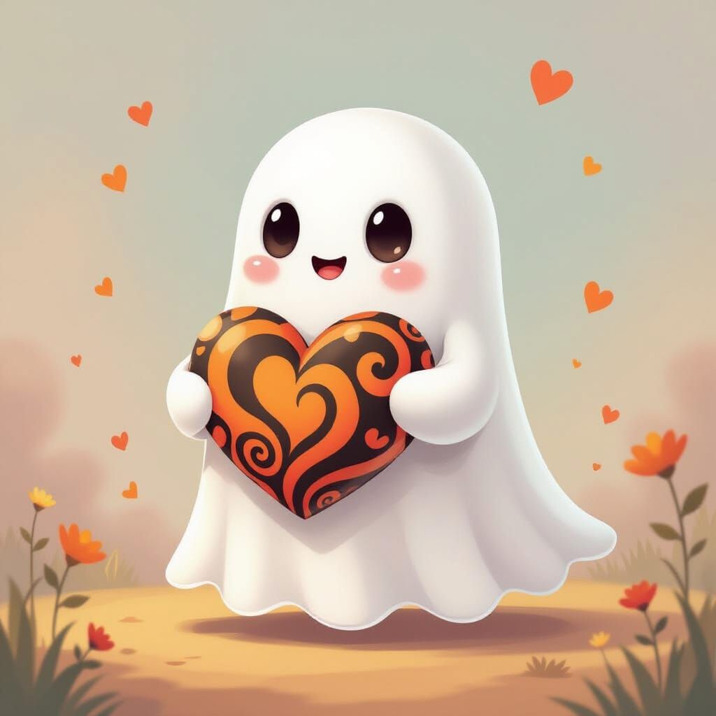 Friendly Ghost Holding Swirling Heart in Whimsical Style