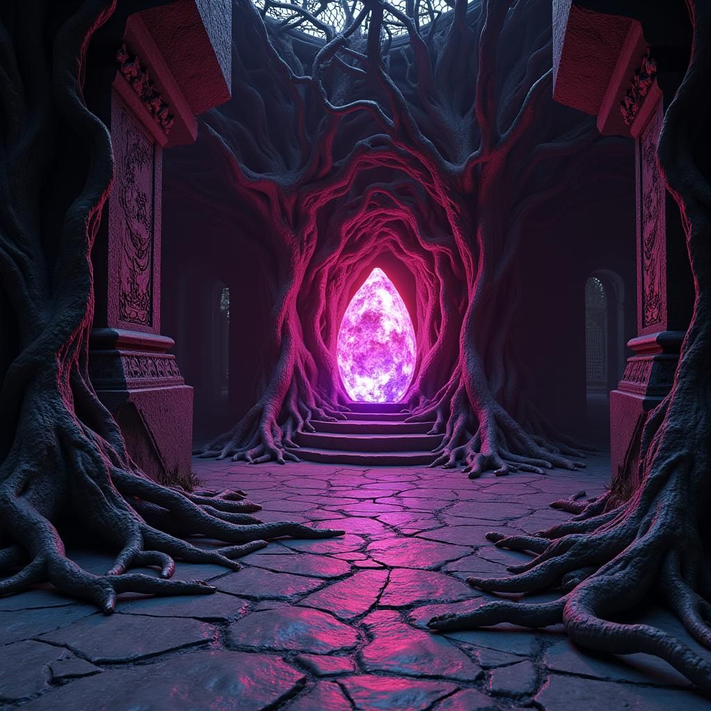 Glowing Crystal Chamber with Twisted Roots