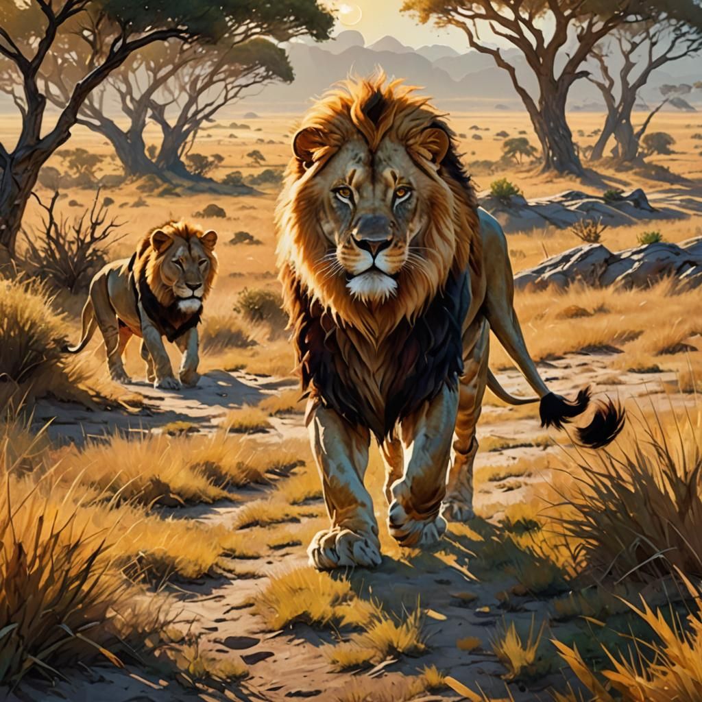 Warrior and Lion in Savannah Landscape