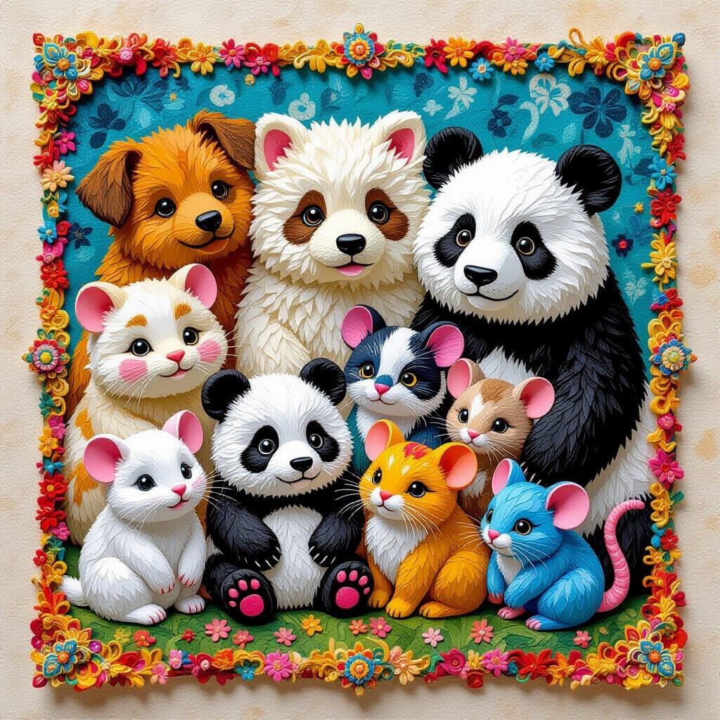 Vibrant Fluffy Animals in Pop Surrealist Impasto Mosaic