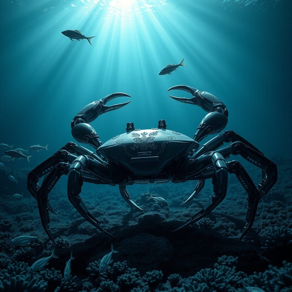 Mechanical Crab on Dark Seabed in Biomechanical Style