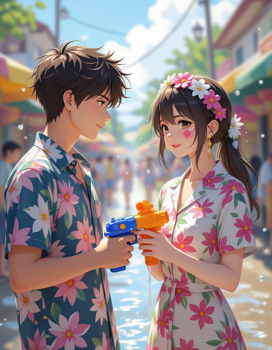 Songkran Festival Scene in 3D Anime Style