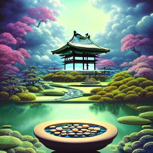 Astral Japanese Zen Garden with Cosmic Sky