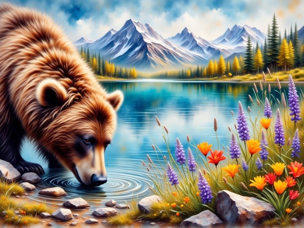 Majestic Brown Bear in Serene Watercolor Landscape