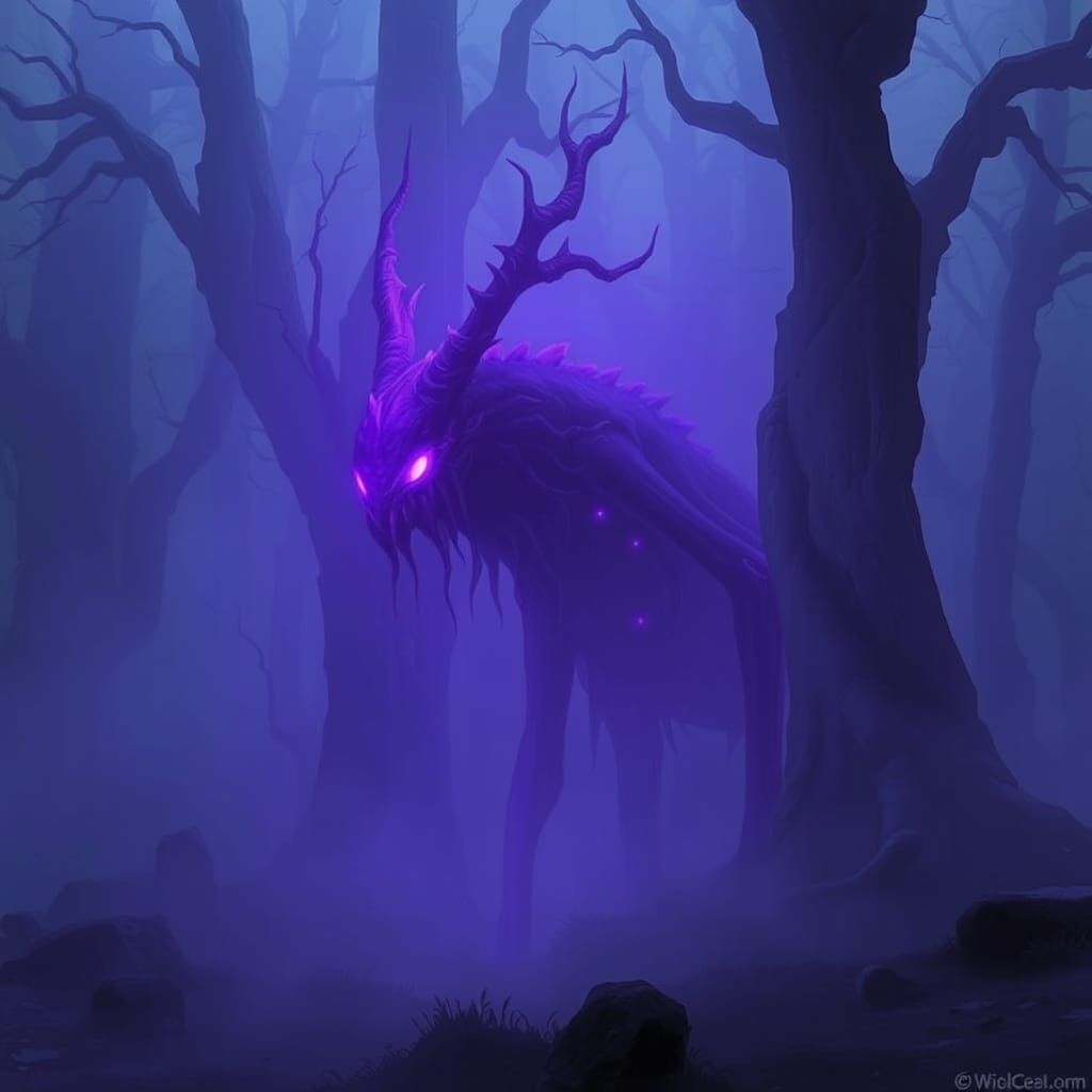 Ethereal Purple Creature Haunting Misty Forest
