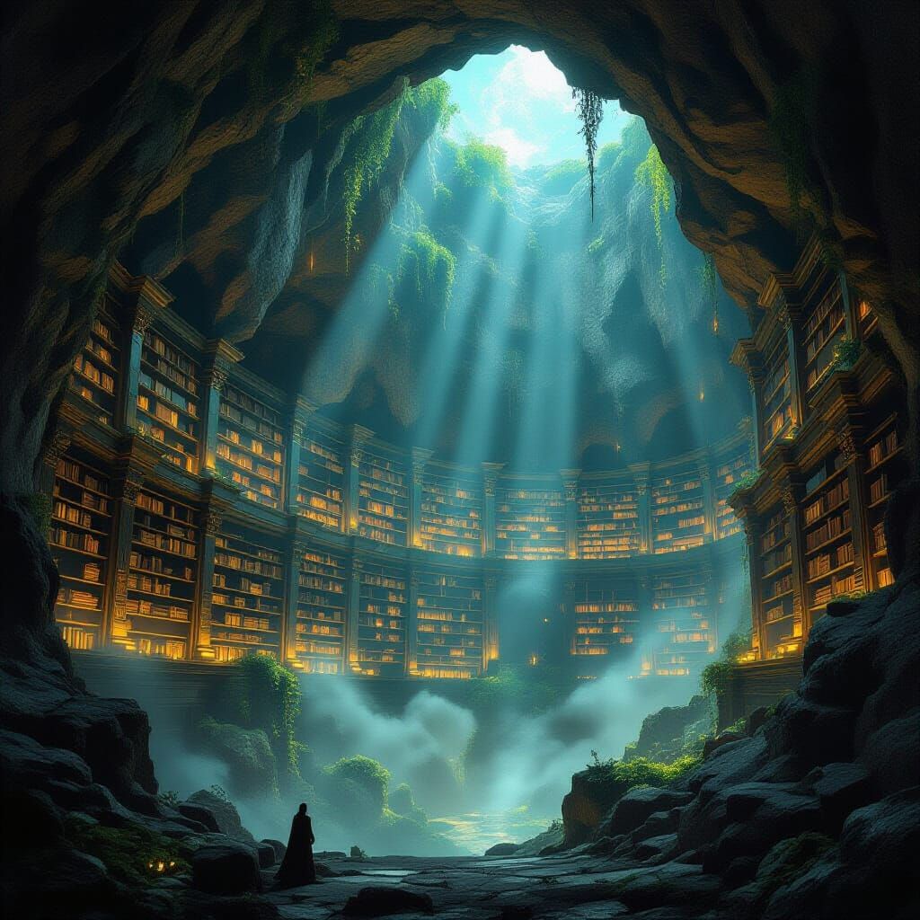 Ancient Cliffside Library of Glowing Books