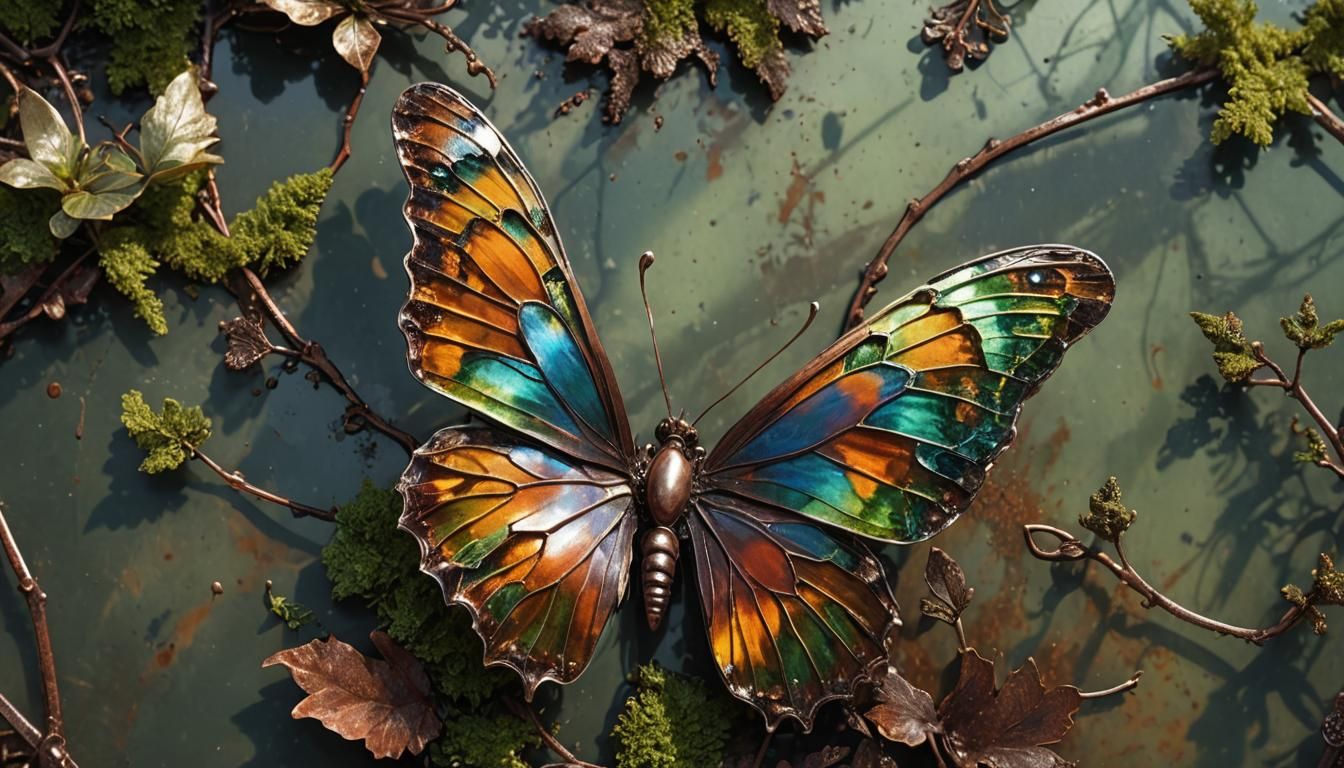 Enameled Butterfly on Rusty Flower: Vivid Digital Art