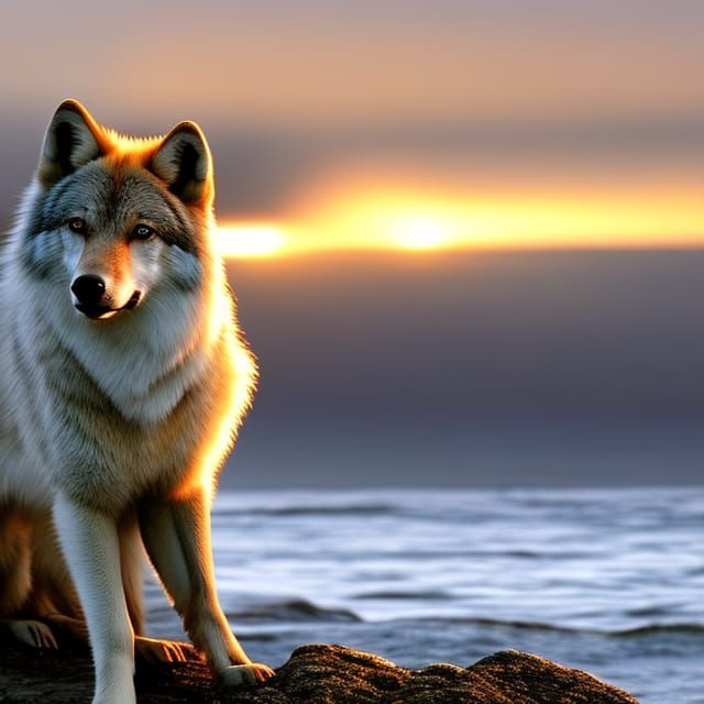 Blue-Eyed White Wolf in Sunset Forest