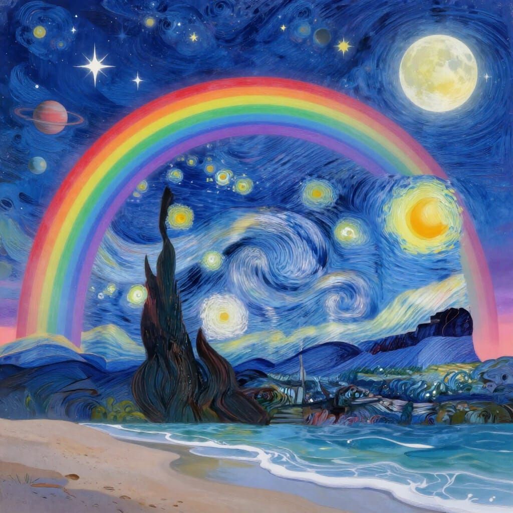 Celestial Beach Scene with Rainbow and Solar System