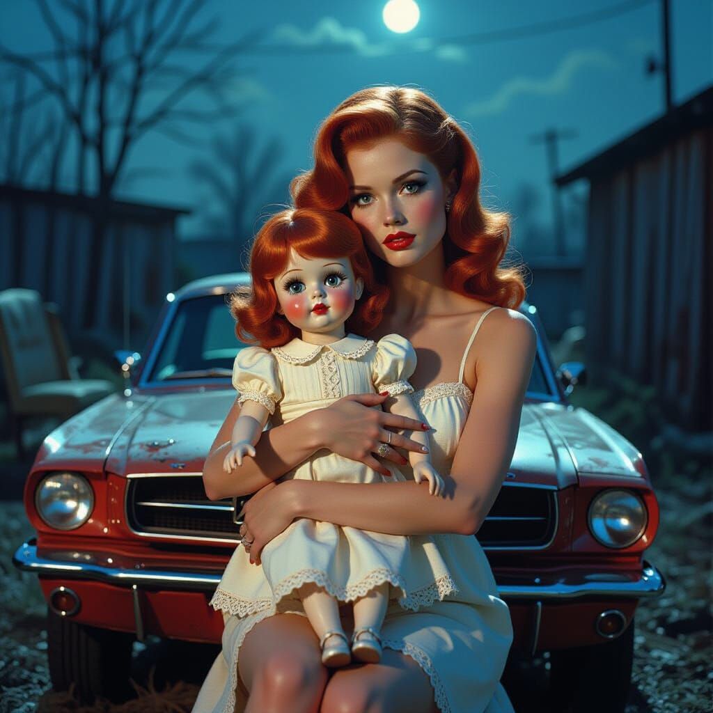 Redhead Pin-Up on Mustang with Vintage Doll