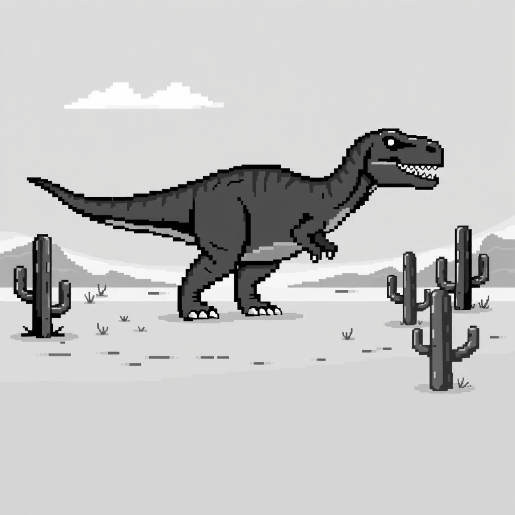 8-bit Pixelated T-Rex in Desert Landscape