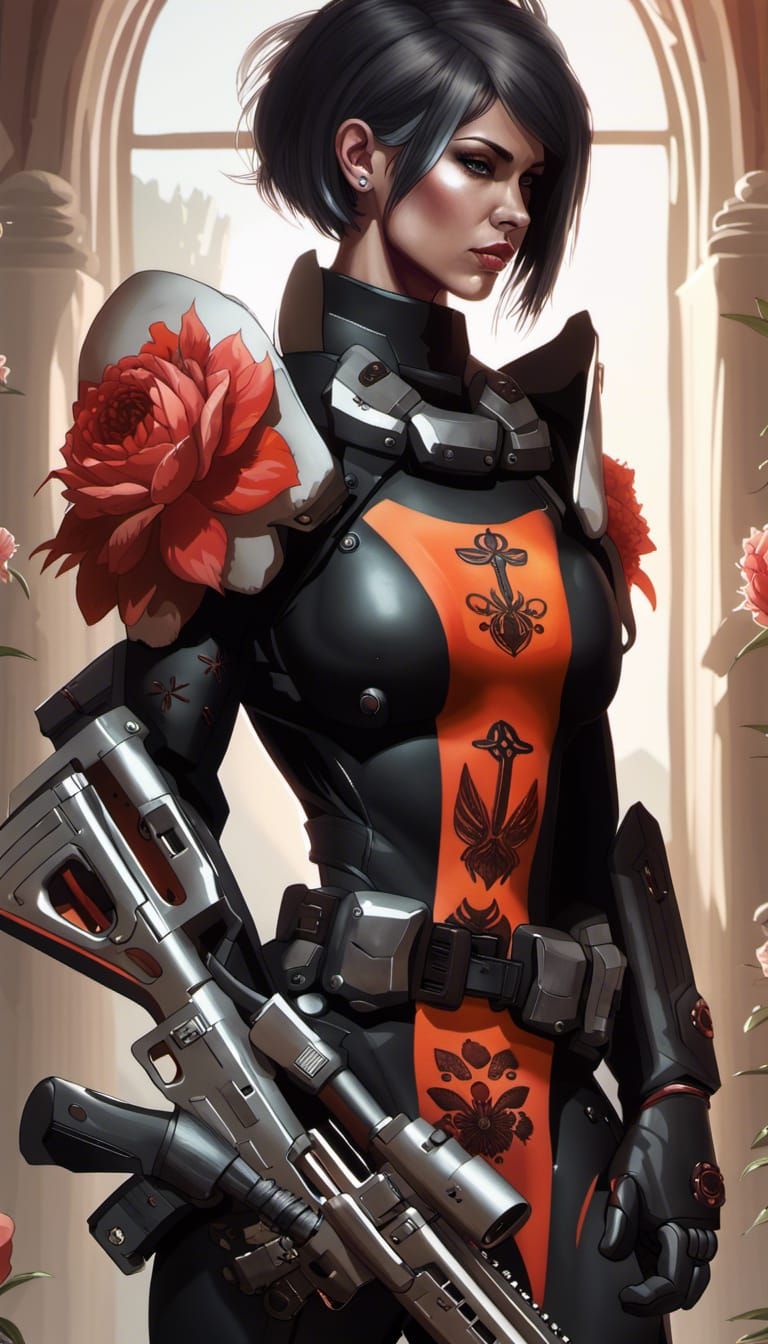 Armored Valkyrie with Assault Rifle, Hyperdetailed Portrait