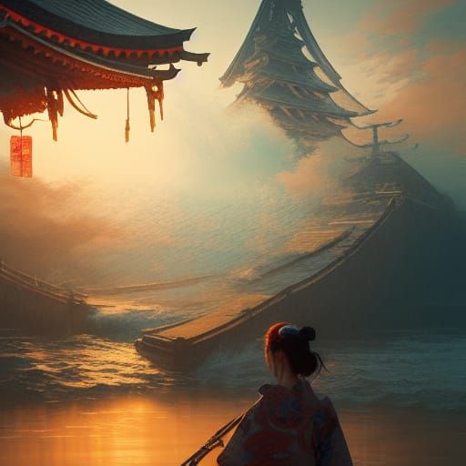 Japanese Tapestry: Ocean Woman in Art Nouveau Style