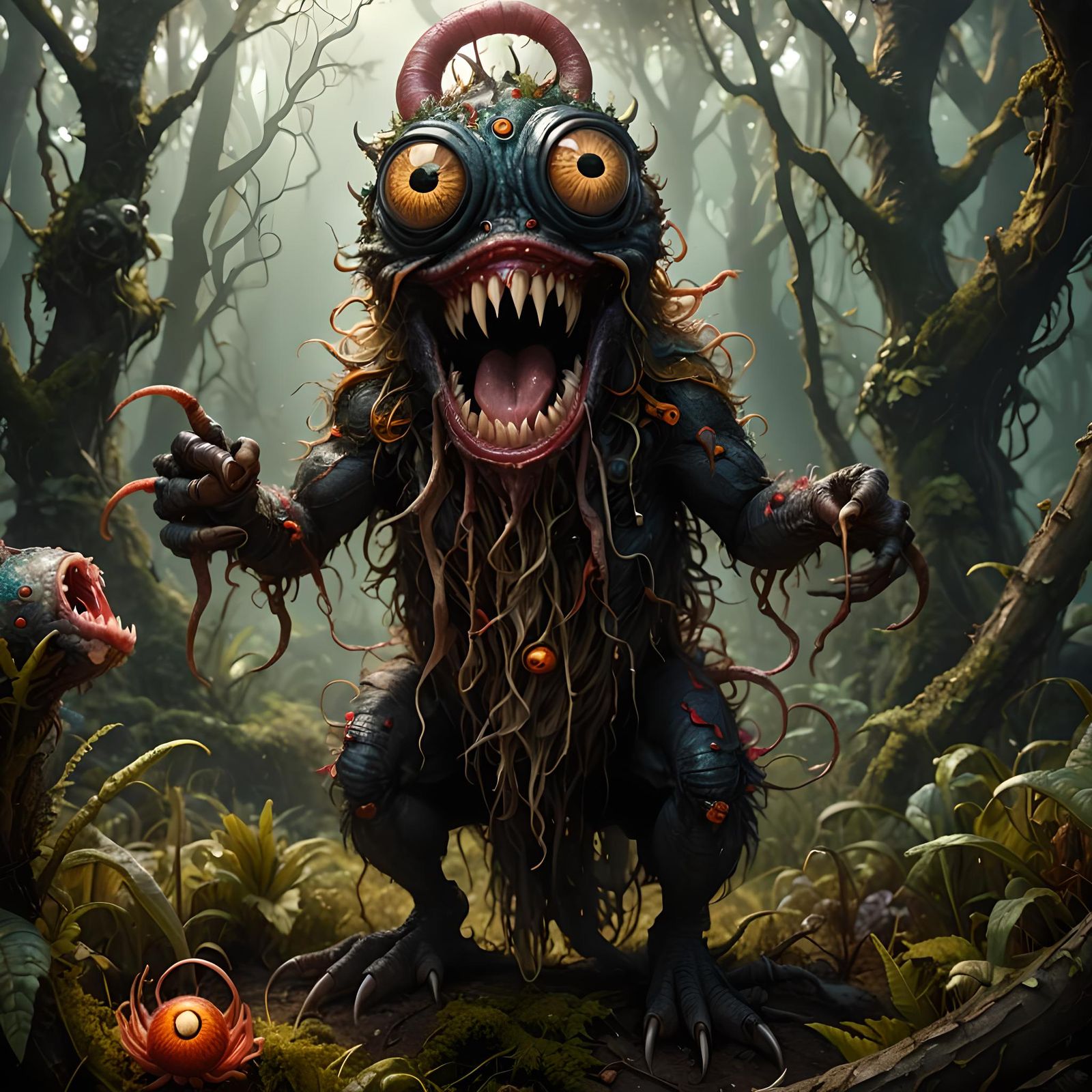 Hairy Eyeball Creature Eating a Worm