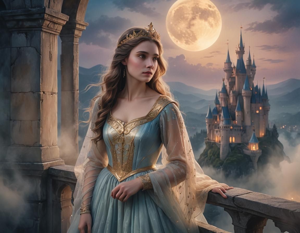 Mystical Princess on Castle Balcony at Twilight