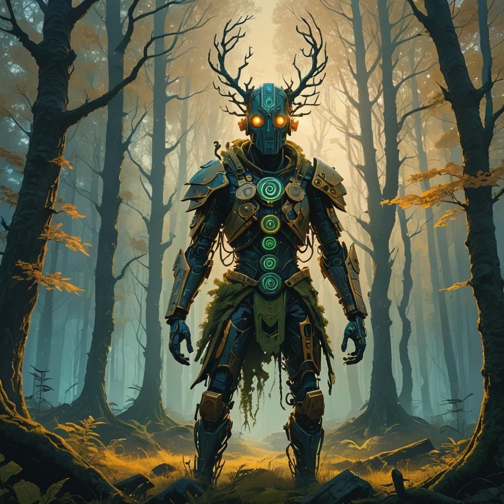 Mystical Runic Humanoid in a Vibrant Forest