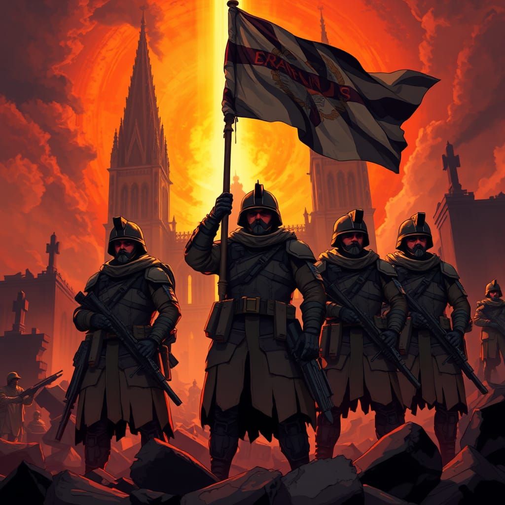 Guardsmen Stand Defiant in Ruined Cityscape