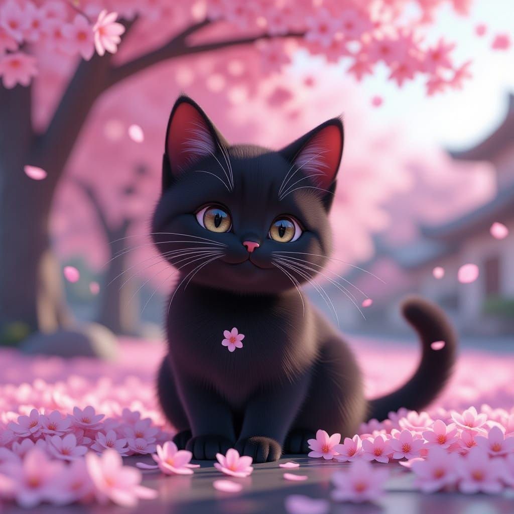 Black Cat Among Cherry Blossoms in 3D Anime Style