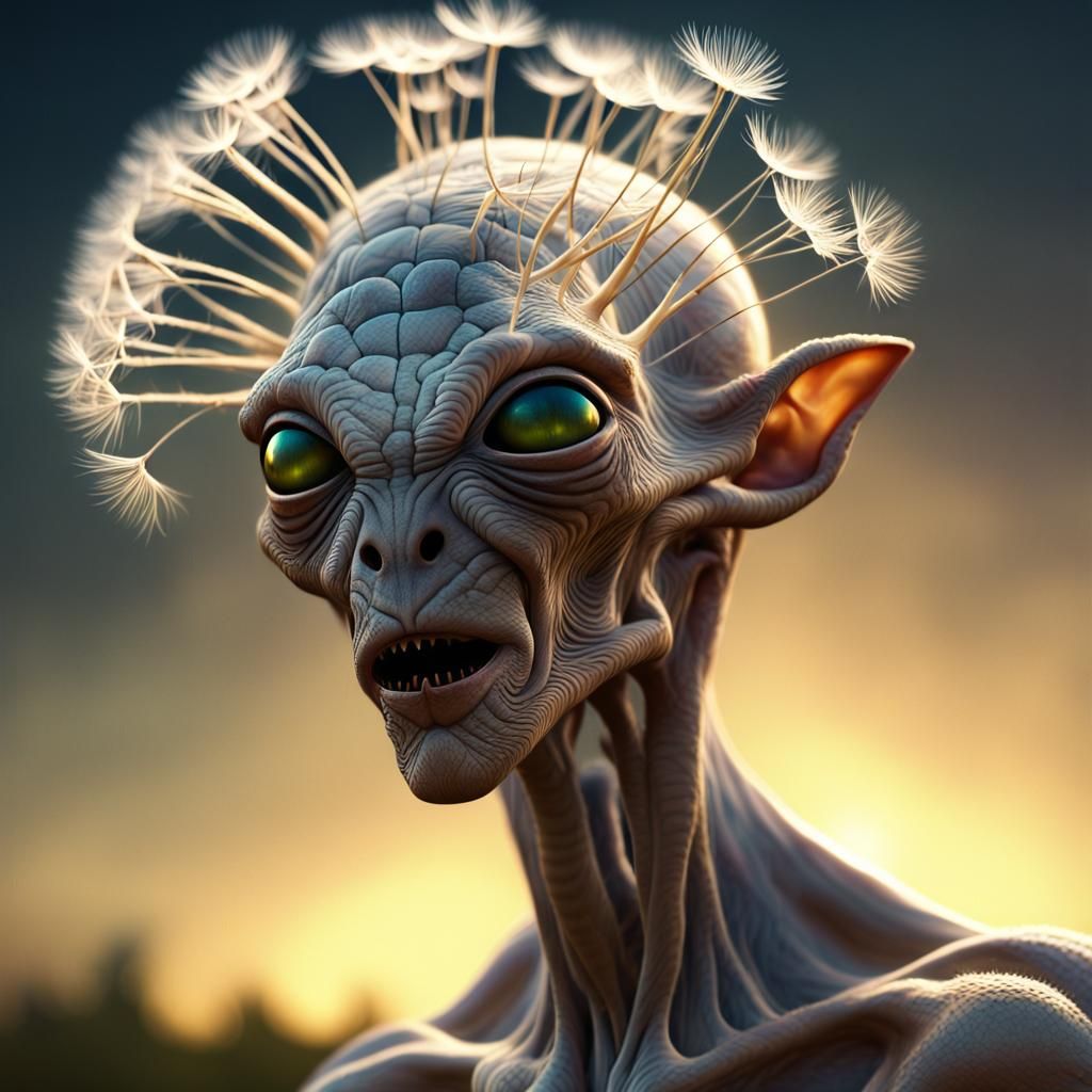 Bizarre Alien with Dandelion Hair in Graffiti Art Style