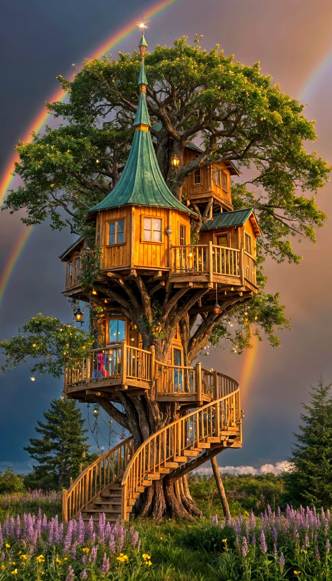 Rainbow Sparkle Treehouse World in Stormy Ocean