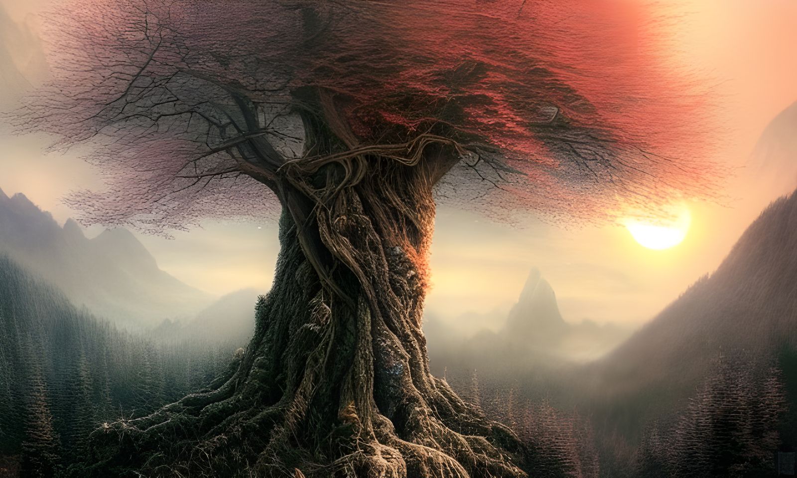 Cosmic Forest with Crystal Leaves at Sunset