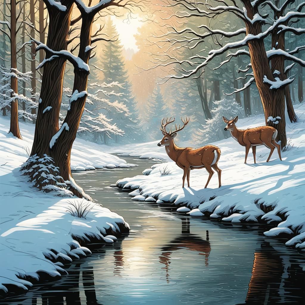 Deer Drinking by Snowy River: Comic Book Art