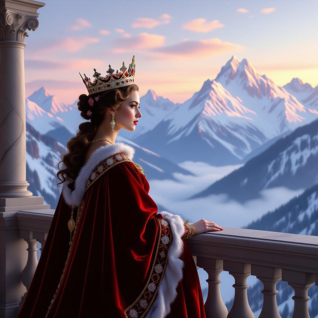Regal Queen on Balcony Overlooking Snowy Mountains