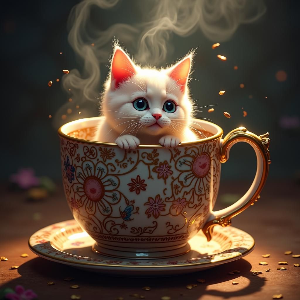 Whimsical Cat in Coffee Mug, Dreamlike Digital Art