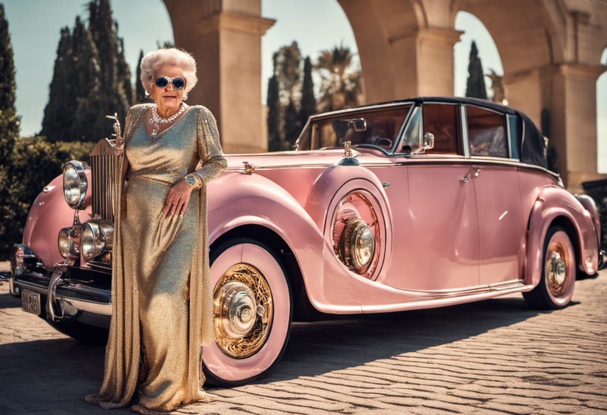 Glamorous Old Woman with Pink Rolls-Royce