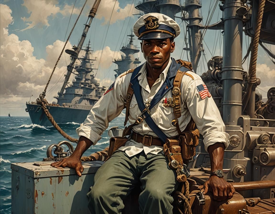 WWII Sailor on Destroyer, Vintage Pin-Up Art