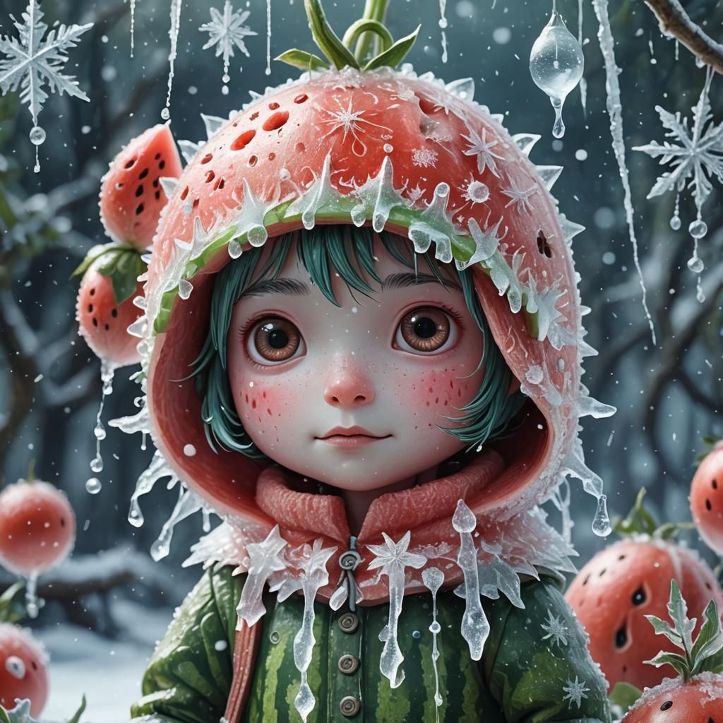 Icy Watermelon Creature in Winter: Digital Concept Art