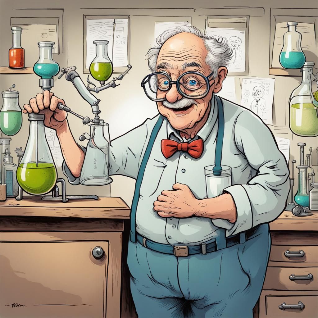 Humorous Caricature of a Science Professor in Watercolor