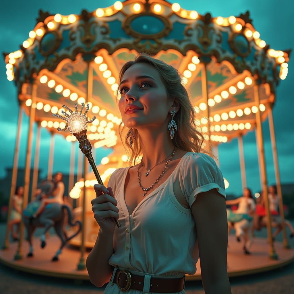 Woman Conjures Merry-Go-Round with Magic Wand