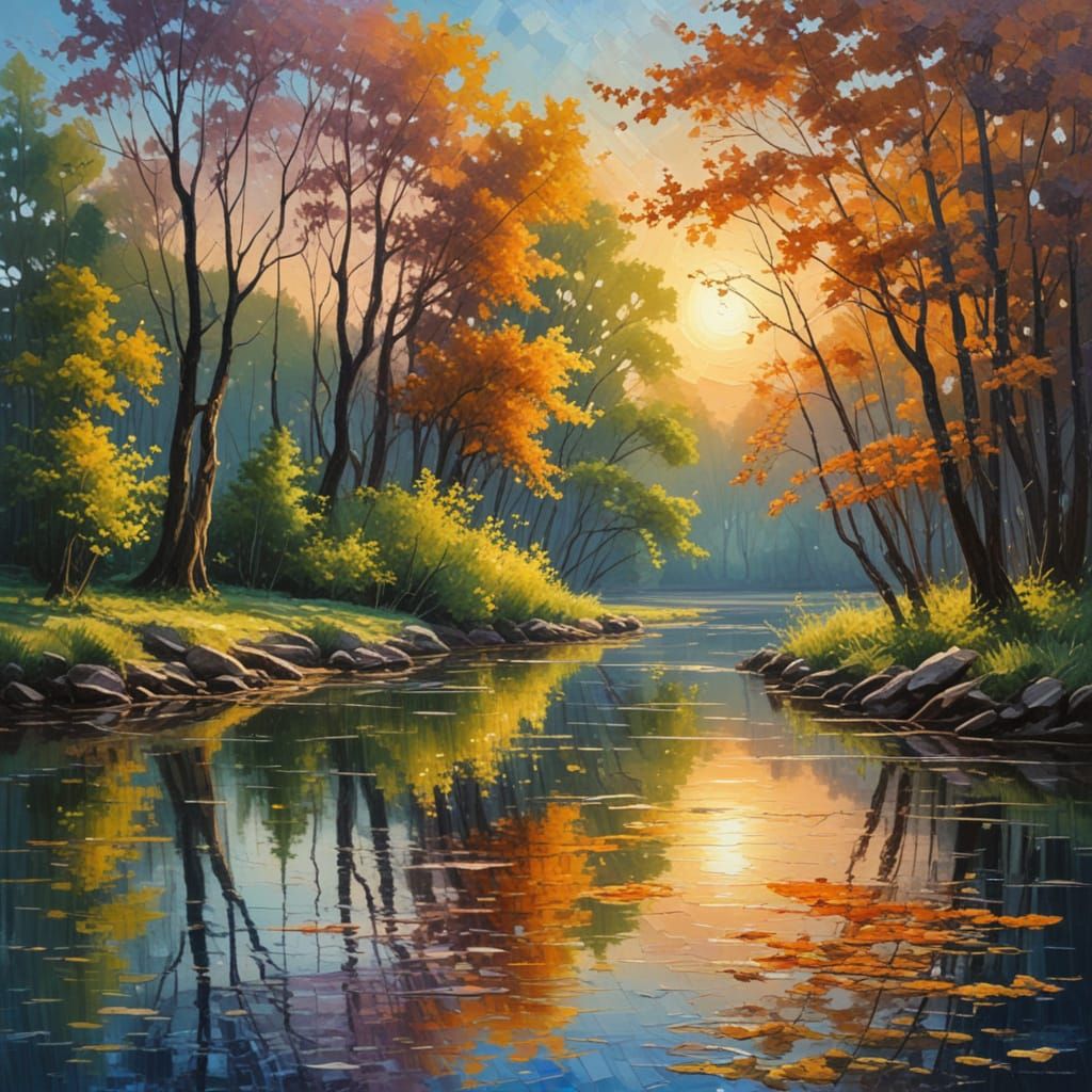 Golden Hour River Park Oil Painting