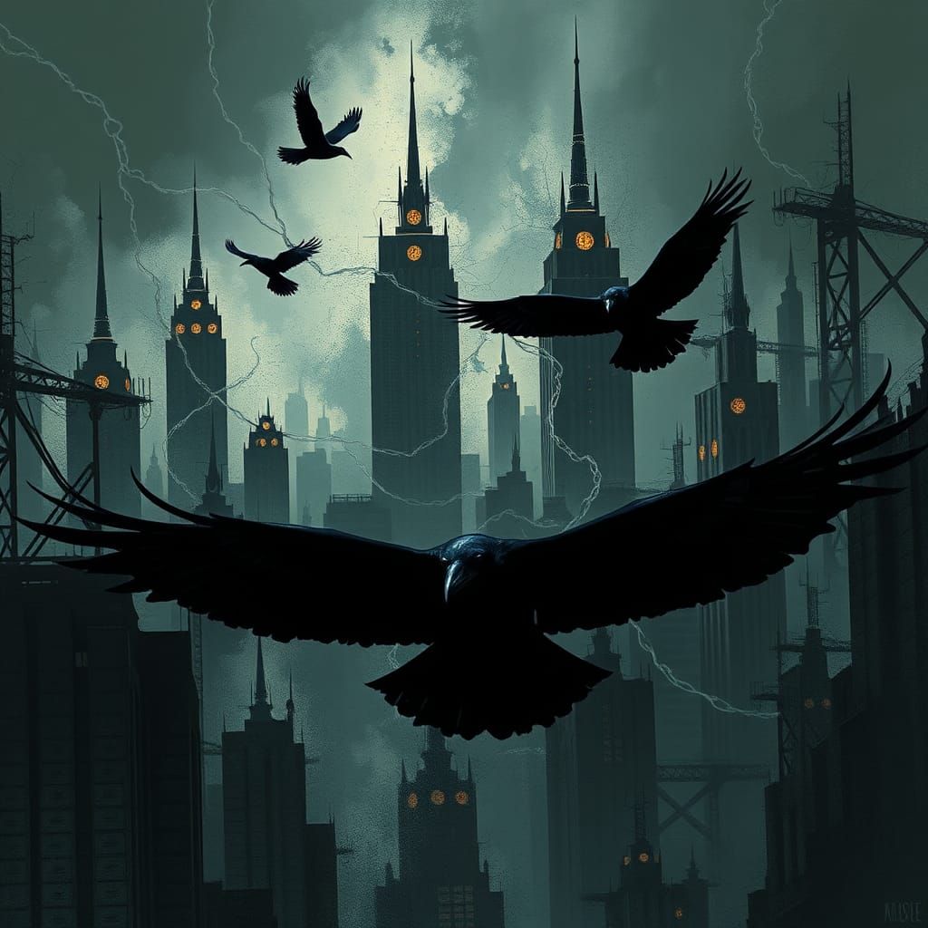 Ravens Over Eerie Art Deco Metropolis