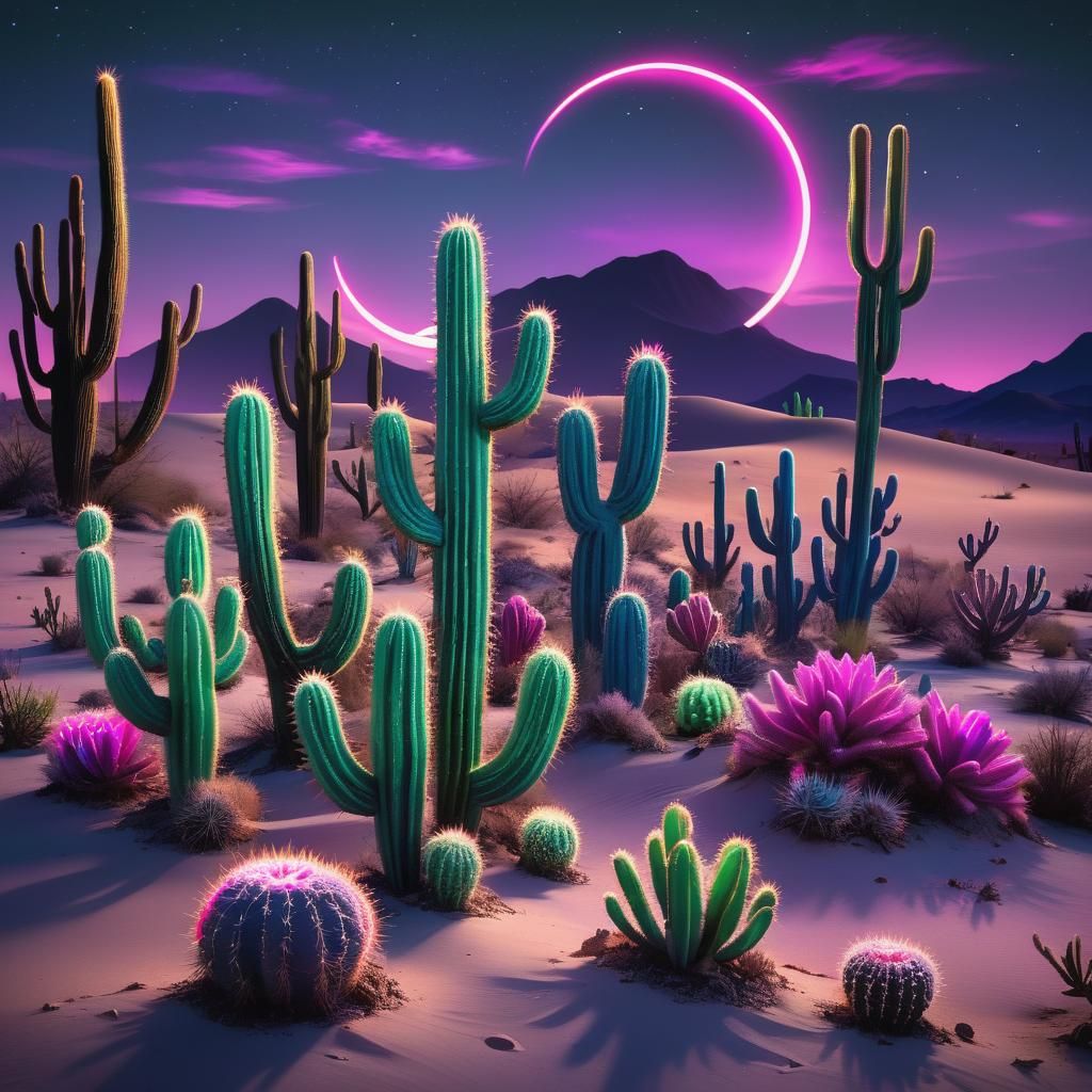 (Glowing neon cacti:1.3) in a surreal desert setting. Cacti ...